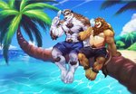 abs accessory anthro bottomwear clothing countershading detailed_background fur group headband male multicolored_body multicolored_fur muscular muscular_anthro muscular_male outside pecs swimming_trunks swimwear white_body white_fur estper lifewonders tokyo_afterschool_summoners horkeu_kamui_(tas) ross_(rossciaco) canid canine canis felid lion mammal pantherine wolf 2020 digital_media_(artwork) hi_res