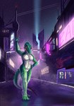 anthro cyberpunk dancing dust female green_body green_scales looking_at_viewer markings neon_background neon_lights neon_sign night pose raised_finger red_markings scales sign solo ponynok koldia koldia_(aekomikiao) alligator alligatorid crocodilian reptile scalie digital_media_(artwork) digital_painting_(artwork) hi_res signature