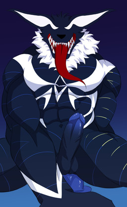 anal anal_penetration anthro arkham black_white_body blue_energy dildo dildo_in_ass dildo_insertion dildo_sitting fangs_bared genitals gradient_penis long_tongue male muscular object_in_ass penetration penis sex_toy sex_toy_in_ass sex_toy_insertion solo tongue white_neck_fluff yellow_energy axelshrine canid canine fox fox_spirit mammal symbiote absurd_res hi_res