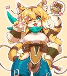 5_fingers anthro armwear blonde_hair blush breasts brown_body brown_fur brown_hair camel_toe claws clothed clothing cute_fangs eyebrow_through_hair eyebrows fangs female female_anthro fingers fur gesture green_eyes hair hand_gesture heart_symbol inner_ear_fluff kemono kerchief multicolored_body multicolored_ears multicolored_fur multicolored_hair multicolored_tail neckerchief neckwear one_eye_closed open_mouth pawpads short_hair simple_background solo tail teeth tongue translucent translucent_hair treasure treasure_chest tuft v_sign white_body white_fur white_hair wink yellow_background yellow_body yellow_fur nzuuure cygames world_flipper mia_(world_flipper) felid mammal pantherine tiger 2020 digital_media_(artwork) portrait three-quarter_portrait