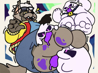 4_fingers anthro black_nose black_sclera bottomwear clothed clothed_anthro clothed_male clothing ear_tuft eyewear feet fingers foot_fetish foot_focus foot_lick fur fur_tuft glasses grey_body grey_fur group hair jacket licking male open_mouth pants pink_eyes purple_tongue tail teeth tickle_fetish tickling tickling_feet tongue tongue_out topwear tuft white_body white_hair yellow_sclera patugh brawl_stars mythology supercell_(company) ruffs_(brawl_stars) squeak_(brawl_stars) canid canine ghost mammal mythological_canine mythological_creature spirit werecanid werecanine werecreature werewolf 4:3 hi_res