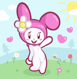 anthro blush blush_stickers featureless_chest featureless_crotch female fur gesture heart_symbol hood pink_hood plushie simple_background simple_eyes smile smiling_at_viewer solo waving waving_at_viewer white_body white_fur arnkleblarn onegai_my_melody sanrio my_melody lagomorph leporid mammal rabbit