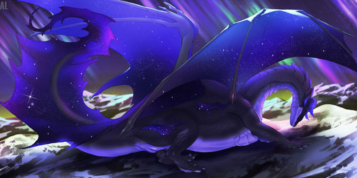 2_horns 3_toes 4_fingers aurora_(phenomenon) back_wings black_body black_scales claws countershading detailed_background feet female feral finger_claws fingers frill_(anatomy) genitals horn lying membrane_(anatomy) membranous_wings mountain multicolored_body on_front purple_body purple_countershading purple_wings reverse_countershading scales solo sparkles tail tail_frill tapering_tail toe_claws toes two_tone_body vulva wing_claws wings lokrial european_mythology mythology dragon mythological_creature mythological_scalie scalie western_dragon 2025 hi_res