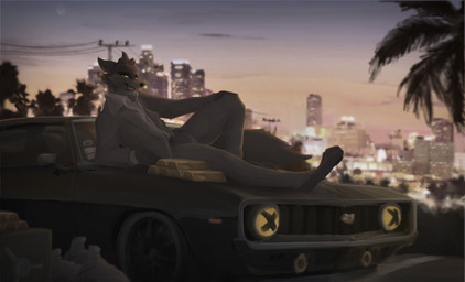 anthro car city city_background cityscape gold_(metal) male male_anthro solo sunset vehicle elseirius dreamworks the_bad_guys mr._wolf_(the_bad_guys) canid canine canis mammal wolf absurd_res hi_res