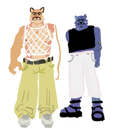 anthro belt bodily_fluids clothing duo ear_piercing fishnet_clothing fishnet_topwear footwear holding_arm male piercing ring sandals shirt shoes standing sweat tank_top topwear underwear white_clothing white_underwear burrrnt bear_burnt repzzmonster_(character) bear cougar felid feline mammal 1:1 2025 colored hi_res sketch