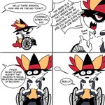 1:1 absurd_res anthro braixen clothing comic dialogue english_text female generation_6_pokemon gesture hand_gesture hat headgear headwear hi_res middle_finger nintendo pokemon pokemon_(species) ponporio_(artist) profanity solo text vehicle wheelchair witch_hat