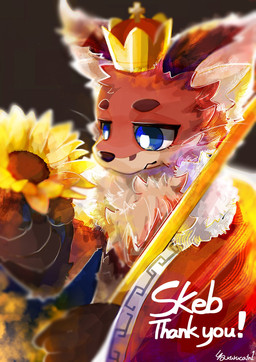 anthro blue_eyes brown_body brown_fur cape clothing crown flower fluffy fluffy_chest fur head_tuft headgear holding_flower holding_object inner_ear_fluff kemono looking_at_object male multicolored_body multicolored_fur plant red_cape red_clothing simple_background solo staff sunflower text tuft two_tone_body two_tone_fur kurucatn1 rubber_(outrubber) canid canine fox mammal 2024 hi_res
