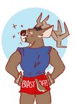 anthro antlers back_muscles biped boxers_(clothing) clothing horn humor male muscular muscular_male solo sparkles text text_on_clothing text_on_underwear underwear sentient-cloud wizard101 buck_gordon deer mammal new_world_deer reindeer 2023