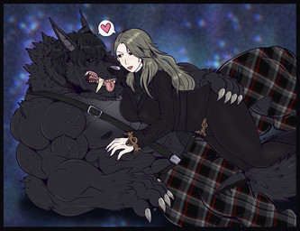 anthro big_breasts big_muscles black_body black_fur black_hair black_sclera bottomwear breasts clothing fangs female female_human fur grey_eyes grey_hair hair hand_on_butt heart_symbol huge_muscles human_on_anthro interspecies larger_male male male_anthro muscular muscular_male pants pecs size_difference smaller_female suspenders teeth tongue tongue_out vein veiny_muscles dragontigerwolf vaniwulf atlus megami_tensei persona_(series) persona_5 sega sae_nijima canid canine canis human mammal wolf hi_res