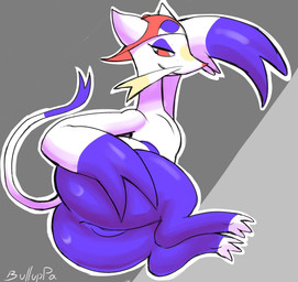 accessory alternate_color alternate_species anthro big_butt butt clothing eyeshadow female flat_chested fur genitals grey_background hand_on_butt hat headgear headwear looking_at_viewer lying makeup multicolored_body on_side pokemorph purple_body purple_eyeshadow purple_fur red_eyes semi-anthro simple_background smile solo tail thick_thighs vulva whiskers white_body white_fur bulluppa nintendo pokemon sylvie_(wups) generation_5_pokemon mammal mienshao mustelid musteline pokemon_(species) true_musteline weasel 2025 digital_media_(artwork) hi_res shaded