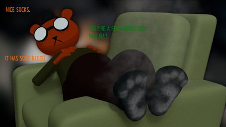 anthro armchair bodily_fluids chair clothing dialogue dirty dirty_clothing dirty_socks eyewear feet female footwear furniture glasses male musk musky_feet offscreen_character paws resting resting_on_armchair smelly_socks socks solo steam steamy_feet sweat sweaty_clothing sweaty_footwear sweaty_socks colonthreeguy night_in_the_woods angus_delaney mae_borowski bear mammal 16:9 3d_(artwork) digital_media_(artwork) hi_res widescreen