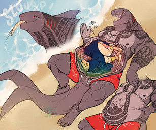abdominal_bulge animal_genitalia anthro beach bone claws duo eyes_closed fatal genital_slit genitals muscular open_mouth open_smile skull smile teeth vore el-tero aquatic fish scalie shark hi_res