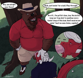 age_difference all_fours anthro anthro_on_anthro anthro_penetrated anthro_penetrating anthro_penetrating_anthro arm_hair balls beard behind_tree belt bodily_fluids body_hair bottomwear chest_hair cigar cigar_in_mouth cigar_smoke clock close-up clothing collared_shirt dialogue dominant dominant_male dress_shoes duo facial_hair fellatio footwear genitals gloves goatee golf_ball golf_course grass hairy hairy_balls handwear hat headgear headwear holding_head horn leg_hair male male/male male_penetrated male_penetrating male_penetrating_male mature_male object_in_mouth open_mouth oral outside outside_sex overweight overweight_anthro overweight_male penetration penile penile_penetration penis plant polo_shirt profanity raised_tail saliva saliva_on_penis sex shirt shorts shrub smoke smoking socks sound_effects speech_bubble spiked_tail spikes spikes_(anatomy) straw_hat submissive submissive_male tail teeth text tongue topwear tree vowelless vowelless_sound_effect watch papyreit mythology bear dragon mammal mythological_creature mythological_scalie scalie english_text hi_res