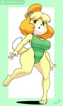 2017 4_toes absurd_res animal_crossing anthro argento barefoot big_breasts biped breasts canid canine canis cleavage clothed clothing digital_media_(artwork) domestic_dog feet female hair hi_res isabelle_(animal_crossing) looking_at_viewer mammal nintendo one-piece_swimsuit open_mouth shih_tzu simple_background solo swimwear third-party_edit toes toy_dog