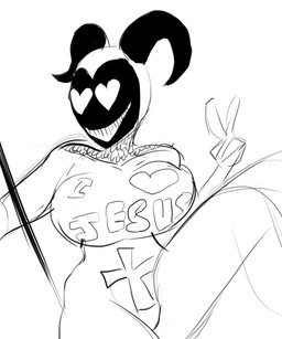big_breasts breasts cross exterminator feathers female heart_eyes heart_symbol horn mask monstermongler not_furry simple_background smile solo white_background hazbin_hotel hellaverse exorcist_(hazbin_hotel) angel humanoid monochrome sketch