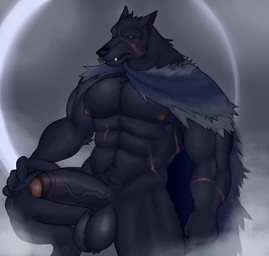 abs anthro balls big_balls big_muscles big_pecs big_penis biped black_body black_fur cloak clothing erection facial_scar fangs foreskin fur genitals huge_pecs humanoid_genitalia humanoid_penis looking_at_viewer male muscular muscular_anthro muscular_male nipples partially_retracted_foreskin pecs penis purple_eyes scar solo teeth fleshformomo elden_ring fromsoftware blaidd_(elden_ring) canid canine canis mammal wolf 2022 digital_media_(artwork) hi_res