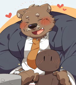 accessory anthro black_nose blush brown_body brown_fur clothing cute_fangs duo eyes_closed facial_hair fangs fur happy heart_symbol kemono male mature_male moobs mustache necktie open_mouth overweight overweight_male shirt smile teeth topwear 0119_muu bear mammal 2026
