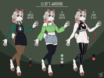 anthro apron barista black_clothing black_leggings black_legwear bottomwear bovid_horn caprine_horn chest_tuft clothing collar collared_shirt color_swatch crop_top cropped_sweater denim denim_bottomwear denim_clothing denim_shorts dress_shirt ear_piercing featureless_crotch femboy fur goat_horn goat_tail green_clothing green_shirt green_topwear grey_hair hair hooves horn horn_jewelry horn_ring jewelry khakis latex latex_clothing latex_crop_top latex_leggings latex_legwear latex_shirt latex_topwear leash leggings legwear lgbt_pride looking_at_viewer male midriff multiple_outfits off-shoulder_crop_top off/on piercing pride_colors rainbow_flag rainbow_pride_flag rainbow_symbol ring_(jewelry) shirt shorts shoulder_strap simple_background solo text topwear tuft wearing_collar white_body white_fur work_uniform espressothegoat elliot_(espressothegoat) bovid caprine goat mammal 4:3 english_text flat_colors hi_res model_sheet