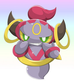 ambiguous_gender gradient_background green_eyes grin looking_at_viewer simple_background smile solo white_background yellow_sclera type nintendo pokemon generation_6_pokemon hoopa hoopa_(confined) legendary_pokemon pokemon_(species) 2015 hi_res