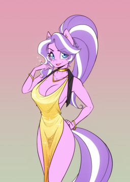 anthro blue_eyes bracelet breasts choker clothing collarbone dress ear_piercing ear_ring eyebrows eyelashes female hair hand_on_hip jewelry necklace open_mouth open_smile piercing ponytail purple_body purple_hair ring_piercing smile solo topwear vest white_hair yellow_clothing yellow_dress scorpdk friendship_is_magic hasbro my_little_pony diamond_tiara_(mlp) earth_pony equid equine horse mammal pony 2025 absurd_res hi_res