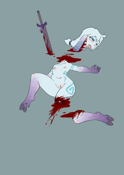 amputee blood blood_splatter bodily_fluids corpse death decapitation disability feet female female_death gore gore_focus headless hooves melee_weapon missing_leg severed_body_part severed_head severed_leg severed_limb simple_background snuff solo sword toes tongue tongue_out underhoof weapon wounded crowskull league_of_legends riot_games tencent kindred_(lol) lamb_(lol) absurd_res hi_res