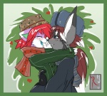 anthro blue_eyes blush border clothed clothing duo eyes_closed female fur green_border grey_body grey_fur hair hat headgear headwear hug male red_hair scarf smile ushanka conditional_dnp fluff-kevlar nytro_(fluff-kevlar) yuuri_(character) canid canine fox mammal digital_media_(artwork)