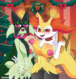 anthro areola belly big_areola big_breasts blush blushing_at_viewer body_blush breast_blush breast_squish breasts breasts_frottage breasts_press christmas_tree cigar cigar_smoke cigarette cigarette_smoke clothing curvy_figure duo erect_nipples female female/female genitals holidays interspecies legwear nipples pink_areola pink_nipples plant smile smiling_at_viewer smoke squish thick_thighs tree vulva vulva_blush wide_hips eltoonsz christmas new_year new_year_2023 nintendo pokemon braixen canid canine felid feline fennec_fox fox generation_6_pokemon generation_9_pokemon mammal meowscarada pokemon_(species) true_fox hi_res
