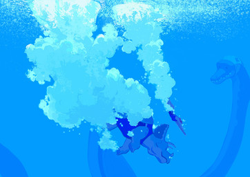 ambiguous_gender beak blue_body blue_scales bone_frill bubble claws clothed clothed_feral clothing diving facial_horn falling female feral frill_(anatomy) green_body green_scales group hair horn nervous nose_horn one-piece_swimsuit orange_hair scales sharp_teeth size_difference splash spots swimming_cap swimwear tan_body tan_scales teeth trio underwater water woonyoung aquatic ceratopsian ceratopsid chasmosaurine dinosaur human mammal marginocephalian ornithischian plesiosaur plesiosaurus prehistoric_species reptile scalie triceratops