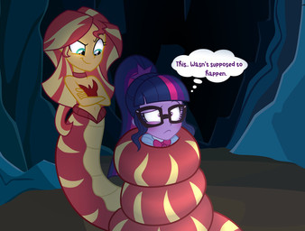 apode cave clothed clothing crossed_arms dialogue duo eyewear frown glasses hair legless multicolored_hair ponytail serpentine split_form sunset_slither text thought_bubble wubcakensfw equestria_girls hasbro my_little_pony sunset_shimmer_(eg) twilight_sparkle_(eg) draconcopode human hybrid lamia mammal reptile scalie snake 2019 english_text source_request unavailable_at_source