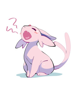 ambiguous_gender blush bodily_fluids eyes_closed fangs feral forked_tail open_mouth pink_body quadruped shadow simple_background sitting solo tail tears teeth unusual_anatomy unusual_tail white_background yawn komanyachi nintendo pokemon eeveelution espeon generation_2_pokemon pokemon_(species) absurd_res cel_shading colored digital_drawing_(artwork) digital_media_(artwork) hi_res shaded