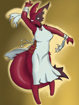 anthro clothing dancing dress dress_only female jewelry necklace nipples red_body scar smile coldsovereign phifo_(artist) rain_world videocult artificer_(rain_world) hi_res