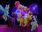 applejack_(mlp) balloon balloon_support blonde_hair blue_body blue_eyes blue_feathers blue_wings clothing cowboy_hat cutie_mark earth_pony equid equine feathered_wings feathers female feral fireworks fluttershy_(mlp) flying friendship_is_magic group hair hanging_from_balloon hasbro hat headgear headwear hi_res hooves horn horse inflatable mammal mane_six_(mlp) multicolored_hair my_little_pony mythological_creature mythological_equine mythology open_mouth open_smile orange_body pegasus pink_body pink_hair pinkie_pie_(mlp) pony purple_body purple_eyes purple_hair rainbow_dash_(mlp) rainbow_hair rarity_(mlp) rear_view sabrinaleaarts smile standing twilight_sparkle_(mlp) underhoof unicorn white_body winged_unicorn wings yellow_body yellow_feathers yellow_wings