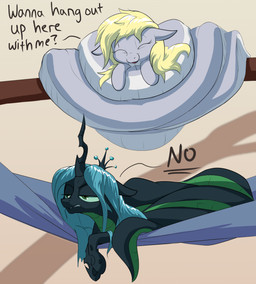 apode black_body black_scales blonde_hair dialogue duo female feral green_body green_eyes green_hair green_scales hair hammock horn legless scales serpentine split_form text rocket-lawnchair friendship_is_magic hasbro my_little_pony derpy_hooves_(mlp) queen_chrysalis_(mlp) draconcopode lamia reptile scalie snake english_text hi_res