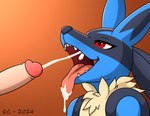 anthro blue_body blue_fur bodily_fluids cum cum_drip cum_in_mouth cum_inside cum_on_tongue cumshot cumshot_in_mouth dripping duo ejaculation erection fur genital_fluids genitals glans humanoid_genitalia humanoid_penis interspecies looking_up male male/male open_mouth oral orgasm penis pokephilia red_eyes tongue tongue_out yellow_body yellow_fur enlightenedcat nintendo pokemon generation_4_pokemon human lucario mammal pokemon_(species) 2024 hi_res