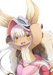 anthro biped blush brown_body brown_fur clothing cute_fangs fangs female fur green_eyes hat headgear headwear horizontal_pupils open_mouth pupils simple_background solo teeth white_background young young_anthro konazarame made_in_abyss nanachi lagomorph mammal narehate absurd_res hi_res