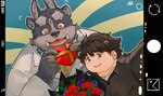 3_eyes anthro blush bouquet box_of_chocolates candy chocolate dessert duo food fur grey_body grey_fur male male/male multi_eye romantic romantic_couple smile taking_picture tusks chaihuliang lifewonders tokyo_afterschool_summoners chubby_protagonist_(tas) protagonist_(tas) tsathoggua_(tas) human mammal hi_res