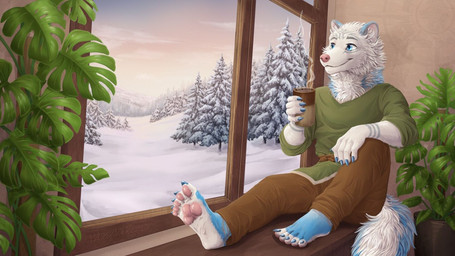 anthro blue_body blue_fur bottomwear clothed clothing day fur hot_drink houseplant male pants plant plantigrade shirt sky smile snow solo tattoo topwear tree tunic white_body white_fur window_sill blacktiger5 taru arctic_fox canid canine fox mammal true_fox