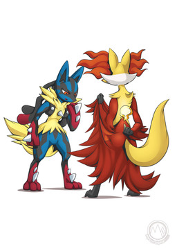 ambiguous_gender anthro duo elemental_manipulation fire fire_manipulation flashing looking_down robe_lift sneak_attack mysticalpha nintendo pokemon canid canine delphox generation_6_pokemon mammal mega_evolution mega_lucario pokemon_(species) absurd_res hi_res