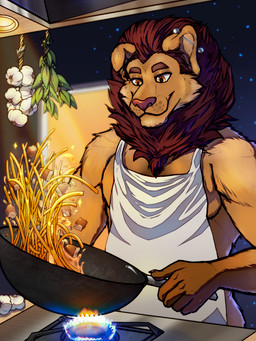 anthro barazoku clothed clothing cooking fire food kitchen male muscular night pasta solo text joe_bonecrusher felid feline lion mammal pantherine 3:4 absurd_res english_text hi_res