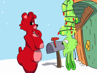 anthro bdsm belly big_belly big_breasts big_butt black_nose blush blush_lines bondage bound breasts building butt carrot christmas_decorations christmas_lights curly_hair curvy_figure detailed_background door door_handle doorknob duo eyes_closed female female/female food fur green_body green_fur hair heart_(marking) holidays house light_bulb mailbox markings multicolored_body multicolored_fur navel nipples pink_body pink_fur plant pupils red_body red_fur short_tail slim small_waist smile smiling_at_another smiling_at_each_other smiling_at_partner snow snowflake spiky_hair string_lights tail thick_thighs vegetable white_pupils wide_hips wood slightlyarousedguy christmas mob_entertainment poppy_playtime smiling_critters bobby_bearhug hoppy_hopscotch bear brown_bear grizzly_bear hare lagomorph leporid mammal rabbit ursine 4:3 hi_res shaded watermark