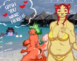 anthro beach belly bikini biped braided_hair building clothing colored_nails eyewear female fingernails fluffy fluffy_tail glasses gold_nose_ring green_hair group hair markings mole_(marking) nails navel photo_background pink_fingernails pink_nails pubes rectangular_glasses red_bikini red_clothing red_hair red_swimwear sand sea sky swimwear tail text trio two-piece_swimsuit water white_text wish_you_were_here yellow_bikini yellow_clothing yellow_swimwear sepulturegirl sophia_(sepulture_girl) canid canine canis domestic_cat domestic_dog felid feline felis mammal hi_res photography_(artwork)