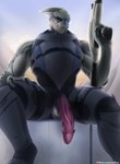 alien_genitalia balls big_balls big_penis flaccid genitals gun male penile_spines penis ranged_weapon sitting solo spread_legs spreading vein veiny_penis weapon spelunker_sal bioware electronic_arts mass_effect garrus_vakarian alien humanoid turian hi_res