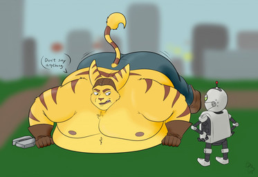 all_fours angry anthro ass_up belly belly_on_ground belly_squish big_butt big_ears big_muscles big_pecs bottomwear bouncing_butt butt chubby_cheeks city city_background clothed clothing duo exercise from_front_position frustrated fur gloves green_eyes handwear huge_butt huge_hips huge_thighs jiggling looking_at_another machine male motion_lines multicolored_body multicolored_fur muscular nipple_piercing nipples obese obese_anthro obese_male open_mouth overweight overweight_anthro overweight_male pants park partially_clothed partners pecs piercing public push-up size_difference slightly_chubby slightly_chubby_anthro slightly_chubby_male speech_bubble squish striped_body striped_fur stripes text thick_thighs two_tone_body two_tone_fur wide_hips yellow_body yellow_fur basicbiscuit ratchet_and_clank sony_corporation sony_interactive_entertainment clank_(ratchet_and_clank) ratchet_(ratchet_and_clank) lombax mammal robot