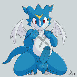 3_toes 4_fingers aged_down antennae_(anatomy) anthro balls biped blue_balls blue_body blue_glans blue_penis blue_scales blue_tail cheek_tuft chest_markings claws crouching erection facial_markings facial_tuft feet finger_claws fingers genitals glans glistening glistening_balls glistening_genitalia glistening_glans glistening_penis grey_background grey_markings hand_spike head_markings humanoid_genitalia humanoid_penis logo male male_anthro markings membrane_(anatomy) membranous_wings mouth_closed multicolored_body multicolored_scales nude nude_anthro nude_male penis red_eyes scales simple_background solo spikes spikes_(anatomy) tail teeth toe_claws toes tuft white_body white_scales white_wings wings yellow_markings young young_anthro young_male darkwolf79 bandai_namco digimon mythology digimon_(species) dragon exveemon mythological_creature mythological_scalie scalie 1:1 2025 absurd_res artist_logo digital_media_(artwork) hi_res