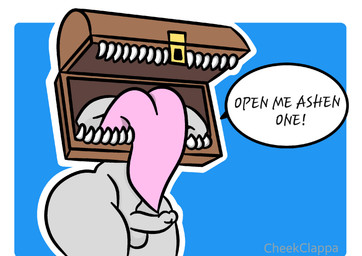 balls fangs femboy for_a_head genitals grey_body grey_skin male not_furry penis solo speech_bubble teeth text thick_thighs tongue tongue_out wide_hips cheekclappa dark_souls fromsoftware mimic mimic_chest aliasing digital_media_(artwork) english_text hi_res