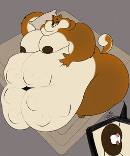 almost_fully_inside anal anal_head_gulp anal_vore anthro anus bed bedroom_eyes belly big_belly big_butt big_moobs broken_bed brown_body brown_fur butt curled_tail deep_navel double_chin duo fat_rolls feet_first fur furniture hand_on_belly holding_belly huge_belly hyper hyper_belly immobile living_insertion looking_at_viewer male male/male mattress moobs morbidly_obese narrowed_eyes navel obese overweight pillow puffy_anus raised_tail seductive smile tail tongue tongue_out vore white_belly jadetanuki canid canine canis domestic_dog mammal shiba_inu spitz 5:6 absurd_res hi_res