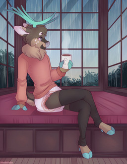 anthro antlers blue_antlers blue_hooves clothed clothing cloven_hooves container cozy cup diaper diaper_fetish hooves horn male mug neck_tuft pink_diaper raining solo steam sweater topwear tuft wearing_diaper window minettefraise duneyrr deer mammal hi_res