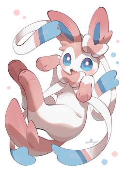 ambiguous_feral ambiguous_gender blue_eyes blue_inner_ear blush bow_ribbon cute_fangs fangs feet feral fur gloves_(marking) leg_markings looking_at_viewer markings multicolored_body multicolored_fur open_mouth open_smile paws pink_body pink_ears pink_fur pink_tail ribbons simple_background smile socks_(marking) solo tail teeth two_tone_body two_tone_fur white_background white_body white_fur nullma nintendo pokemon eeveelution generation_6_pokemon mammal pokemon_(species) sylveon 2026 digital_media_(artwork) hi_res signature