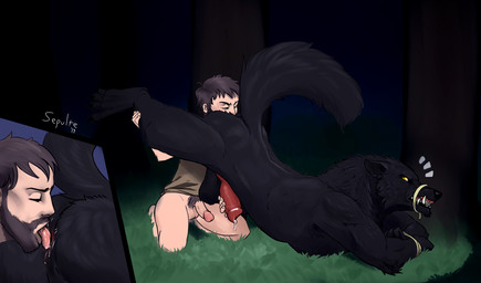 anal animal_genitalia animal_penis anthro anthro_penetrated anus armpit_hair balls bdsm beard black_body black_fur bodily_fluids body_hair bondage bound butt canine_genitalia canine_penis close-up dominant dominant_male duo erection facial_hair forced fur genital_fluids genitals human_on_anthro human_penetrating human_penetrating_anthro humanoid_genitalia humanoid_penis interspecies kneeling larger_anthro larger_male larger_sub male male/male male_on_anthro muzzle_(object) muzzled oral penetration penis precum pubes questionable_consent reverse_forced_oral rimming saliva sex size_difference smaller_human smaller_male snarling submissive submissive_male sepulte mythology canid canine canis human mammal mythological_canine mythological_creature werecanid werecanine werecreature werewolf wolf hi_res