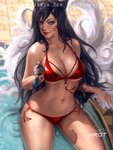 big_breasts bikini black_hair blue_eyes breasts clothing female hair long_hair multi_tail solo swimwear tail two-piece_swimsuit wide_hips shurakrgt league_of_legends riot_games tencent ahri_(lol) animal_humanoid canid canid_humanoid canine canine_humanoid fox_humanoid humanoid mammal mammal_humanoid 3:4